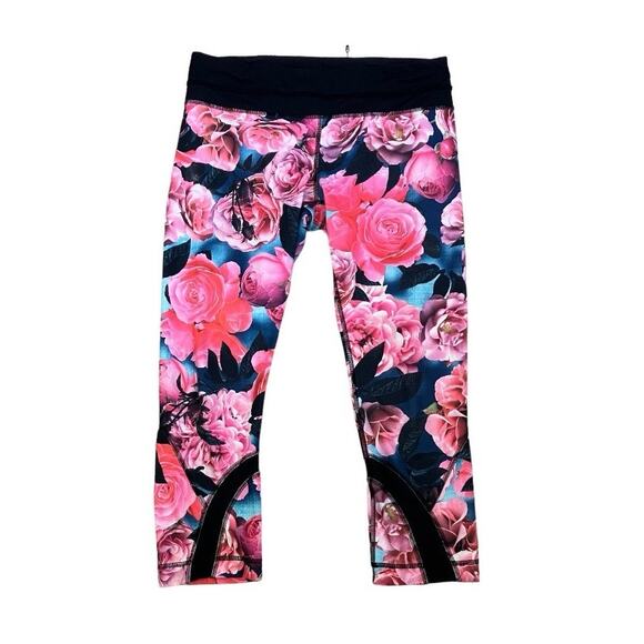 Lululemon Pink Black Rose Print Cropped Ankle Leggings Size 8 - Picture 2 of 5